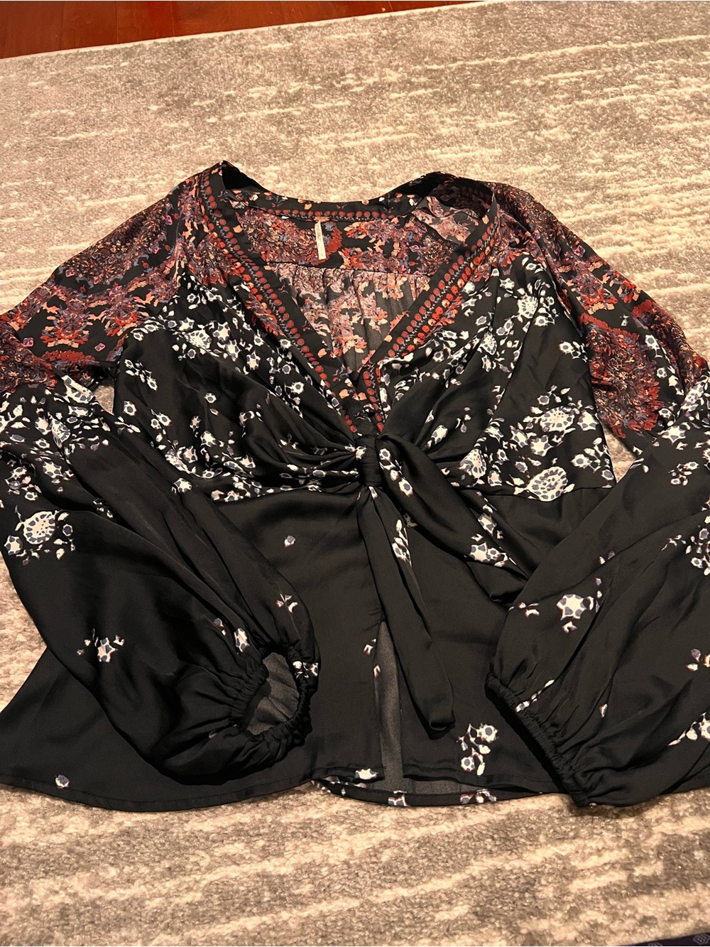 Free People Black Floral Tie-Front Peasant Blouse with Rust Accents